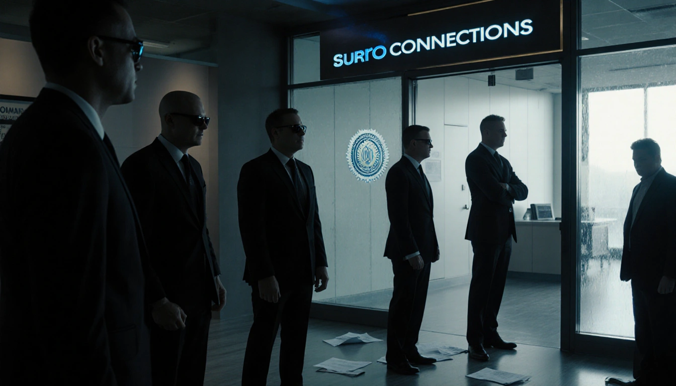FBI agents stand outside office entrance with watchers from afar and Surro Connections logo on building façade