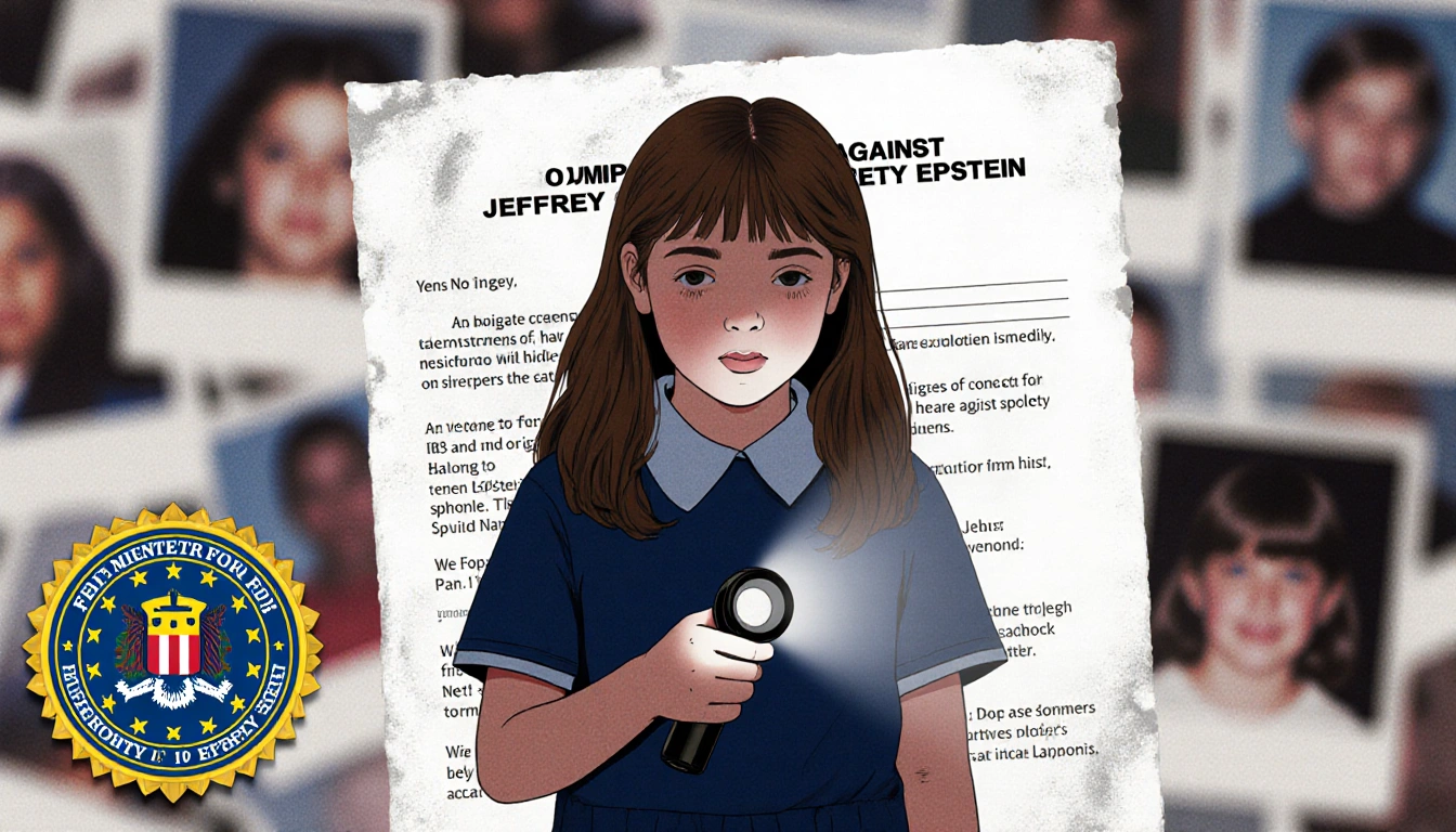 Young girl holding a flashlight with blurred photo background and FBI Epstein complaint title.