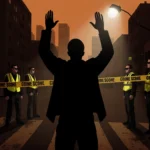 Christian Garcia raises hands with FBI agents watching under spotlight at a tape‑secured crime scene in Los Angeles