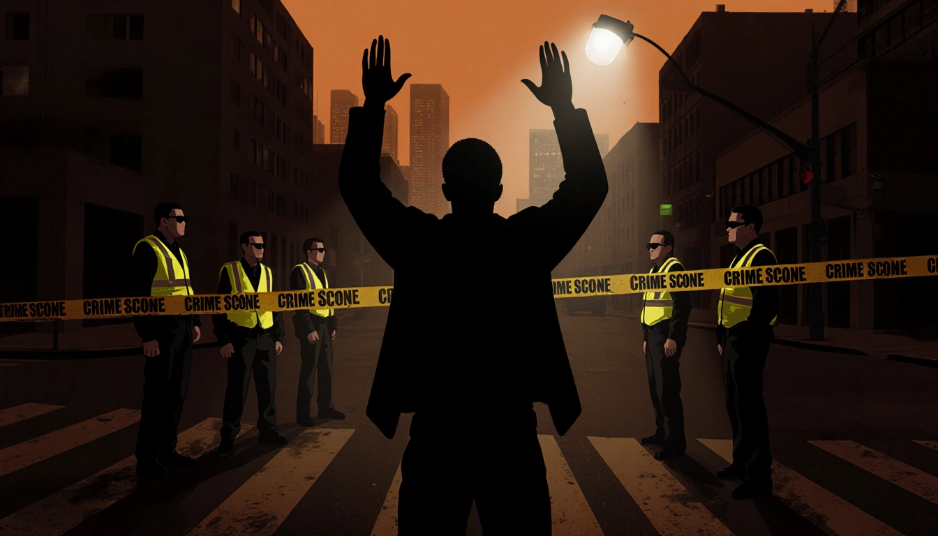 Christian Garcia raises hands with FBI agents watching under spotlight at a tape‑secured crime scene in Los Angeles