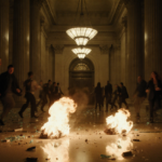 Incendiary devices smoldering on the lobby floor with golden light casting long shadows and fleeing crowds in the background