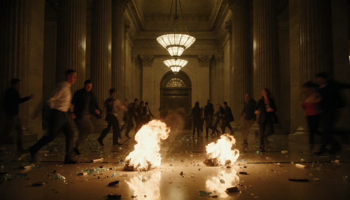 Incendiary devices smoldering on the lobby floor with golden light casting long shadows and fleeing crowds in the background