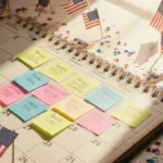 Calendar spread highlights federal holidays with colorful sticky notes and soft morning light