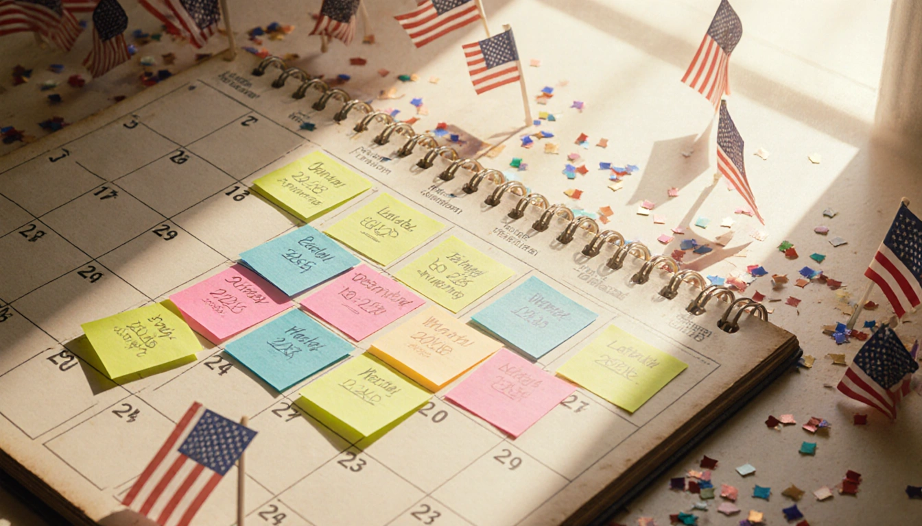 Calendar spread highlights federal holidays with colorful sticky notes and soft morning light