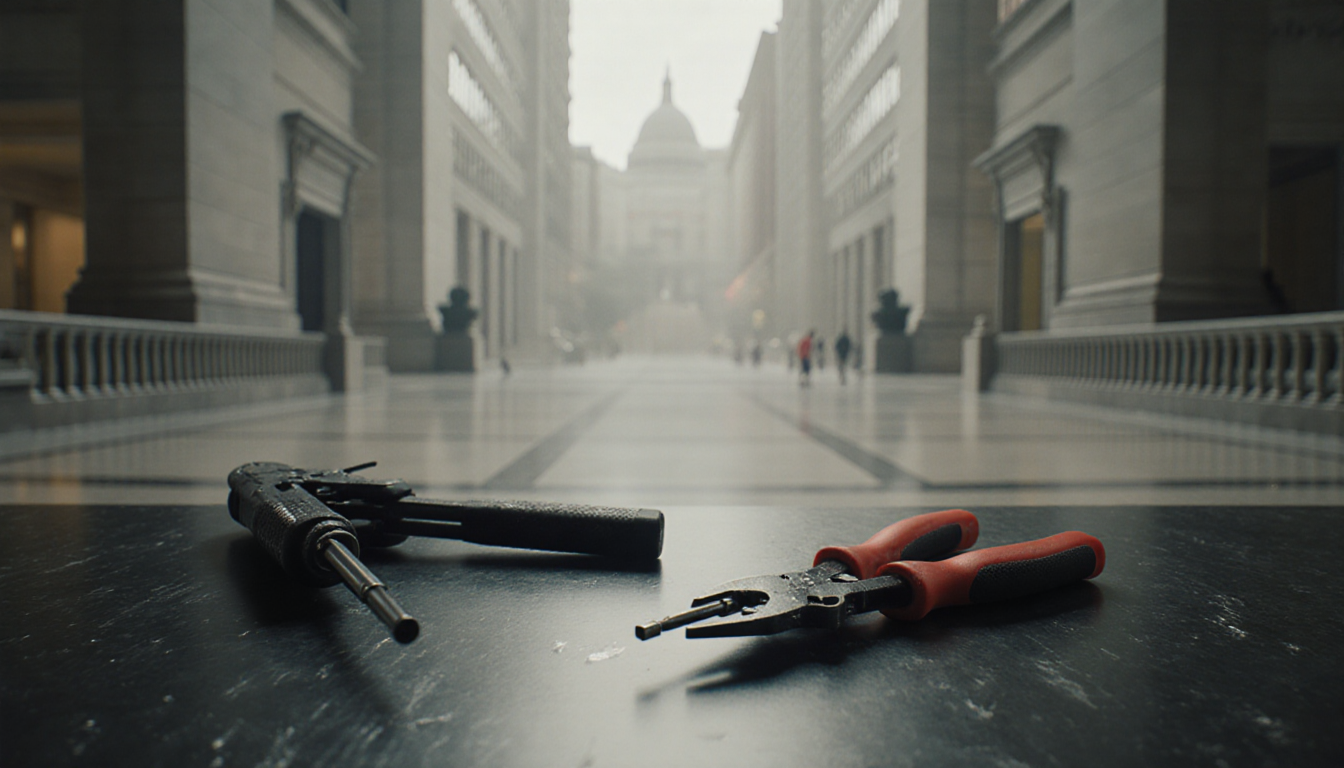 Wire cutters and screwdrivers lie on a workbench in a downtown federal building lobby with scratches indicating tampering.