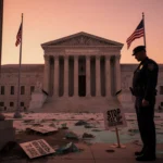 Federal officer standing guard in a deserted courthouse square with fading flags and protest signs.