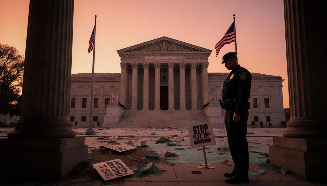 Federal officer standing guard in a deserted courthouse square with fading flags and protest signs.