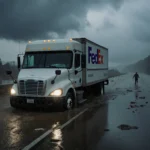 FedEx truck stuck on flooded freeway with rainwater seeping into doors and distant fleeing figure.