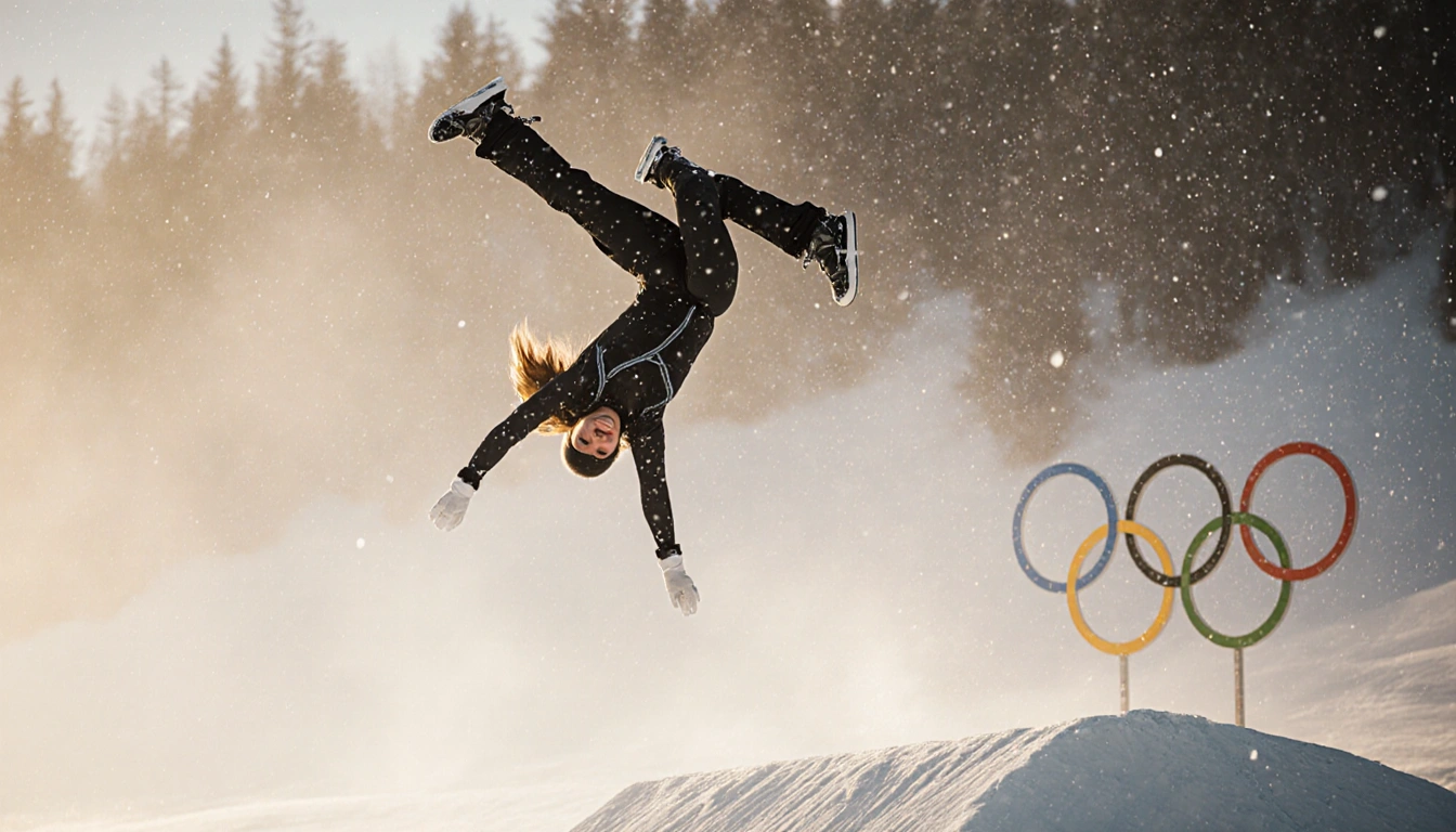 Female aerialist launching a triple backflip on a snowy Lake Placid slope with golden light and falling snowflakes.