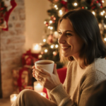 Woman sipping tea at fireplace with soft candlelight and warm golden holiday glow