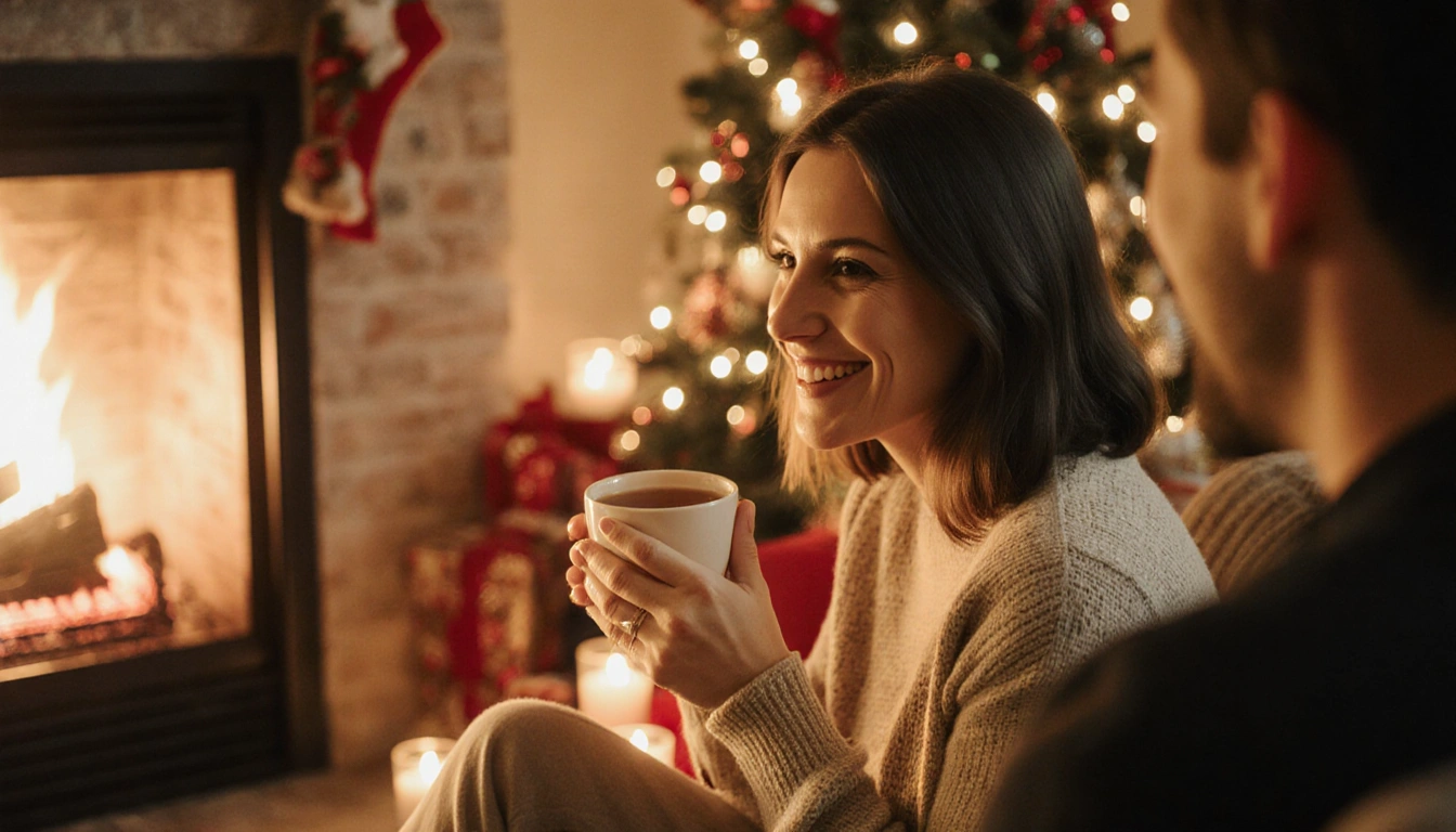 Woman sipping tea at fireplace with soft candlelight and warm golden holiday glow