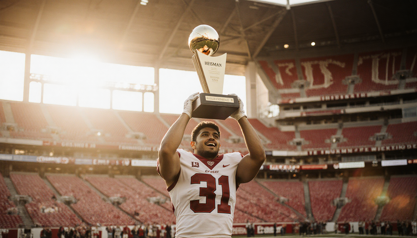 Fernando Mendoza triumphantly holding the Heisman Trophy aloft with light from Indiana Stadium and red and cream football.