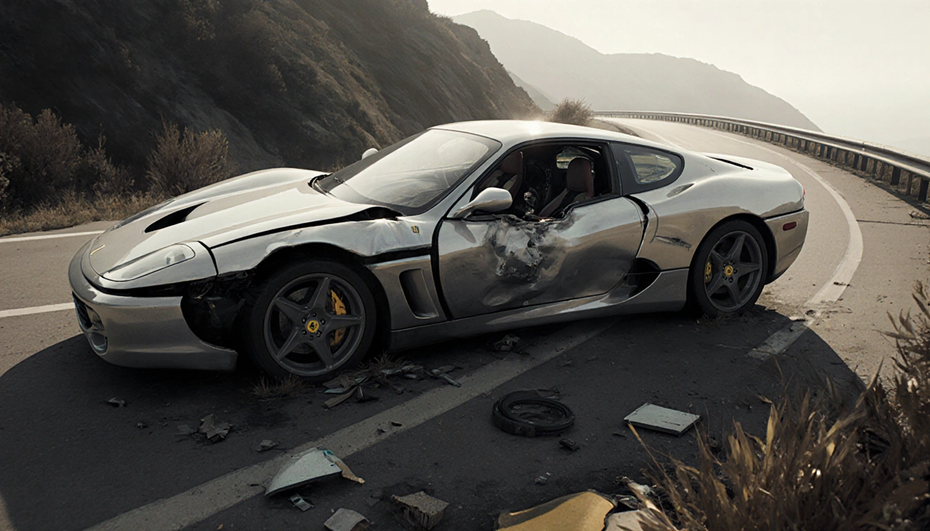 Ferrari 296 GTS showing its hybrid engine with crash damage and roadside debris