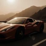 Ferrari speeding down California highway with a lifeless body in passenger seat and a spotlight on the driver