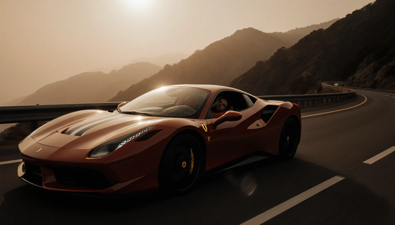Ferrari speeding down California highway with a lifeless body in passenger seat and a spotlight on the driver