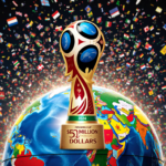 Confetti bursts from a flag mosaic globe the 2026 World Cup trophy gleams with 50 million on pedestal