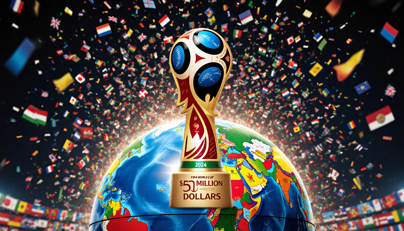 Confetti bursts from a flag mosaic globe the 2026 World Cup trophy gleams with 50 million on pedestal
