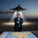F-15 fighter jet soars over desert at dusk with searchlights while a map of Nigeria with targeted ISIS locations and Presiden