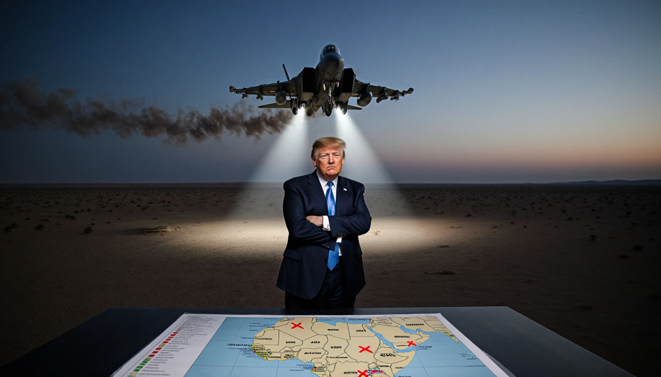 F-15 fighter jet soars over desert at dusk with searchlights while a map of Nigeria with targeted ISIS locations and Presiden