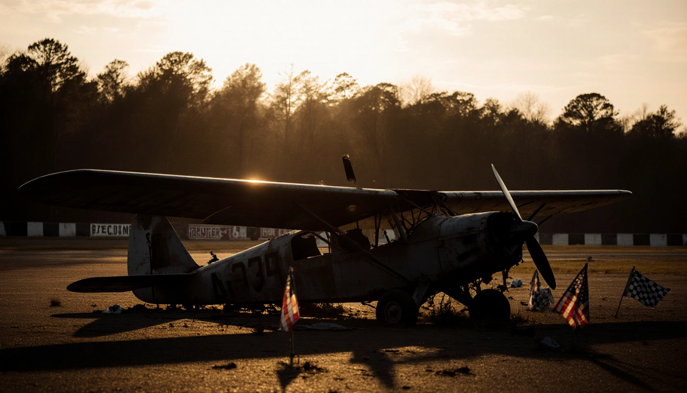 Vintage aircraft lies abandoned on rural airstrip with golden-hour silhouette and forest horizon.