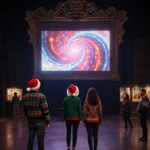 Visitors in holiday sweaters look up at a large 3D screen with swirling sci‑fi lights and posters