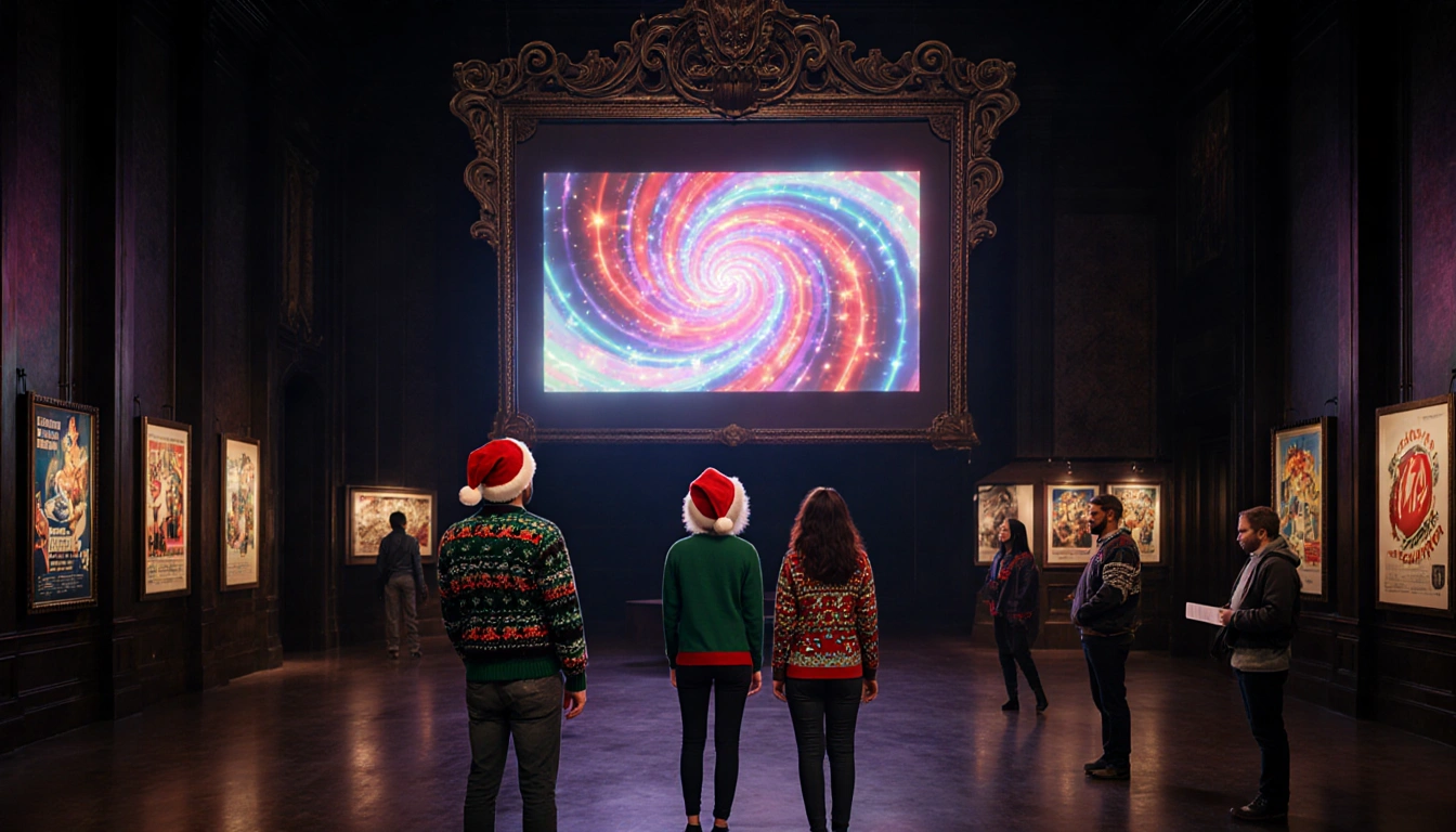 Visitors in holiday sweaters look up at a large 3D screen with swirling sci‑fi lights and posters