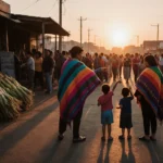Family of four points at market doors with blanket and wooden crates near sunrise-lit rooftops