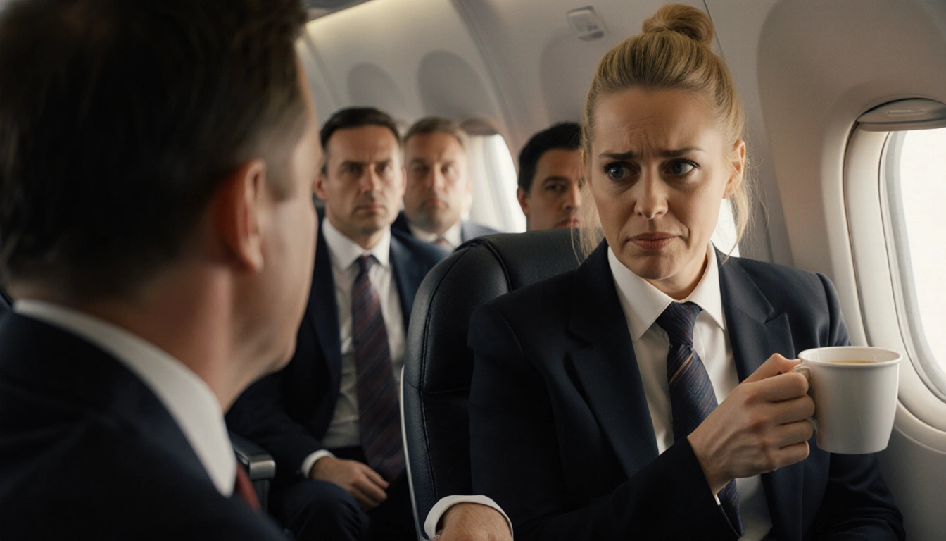 Amy Poehler sits across from a stern first‑class passenger with a coffee cup and window view of blurred cabin.