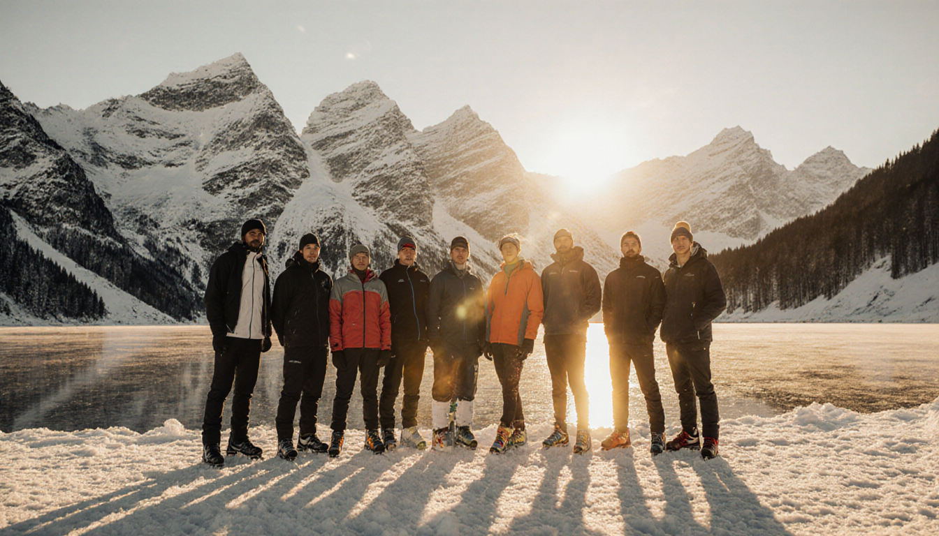 Athletes standing together on a frozen lake with snow‑covered Alps and golden sunset light.
