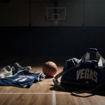 Half-unpacked gym bag with scattered basketball gear and a lone basketball on a dimly lit court near the walls