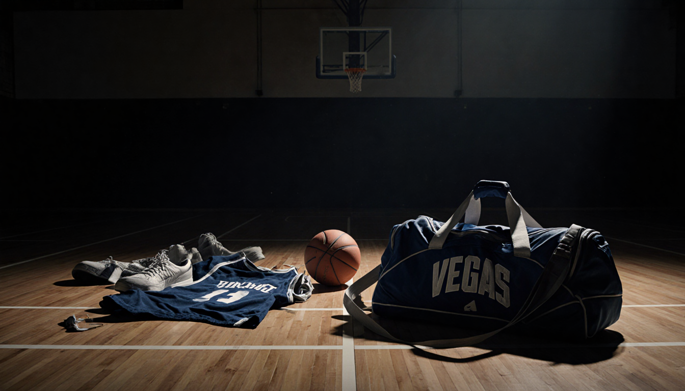 Half-unpacked gym bag with scattered basketball gear and a lone basketball on a dimly lit court near the walls