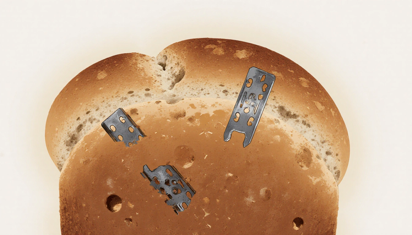 Bread loaf showing embedded razor blades with a faint halo and a clean white background