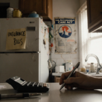 Calculator rests with broken pen and a note about insurance bills near a crooked Affordable Care Act poster.