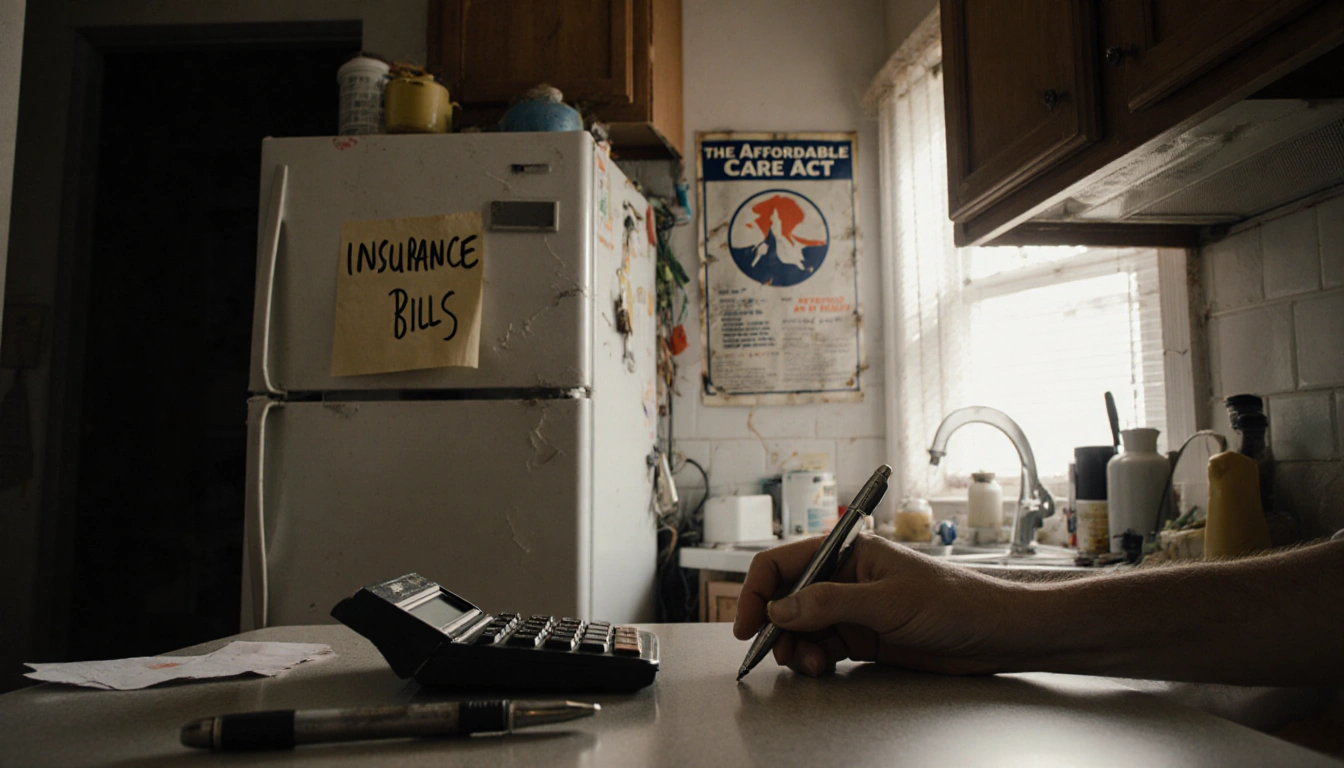 Calculator rests with broken pen and a note about insurance bills near a crooked Affordable Care Act poster.