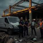 California Highway Patrol officers stand beside a van with handcuffed people in orange vests amid debris construction site.