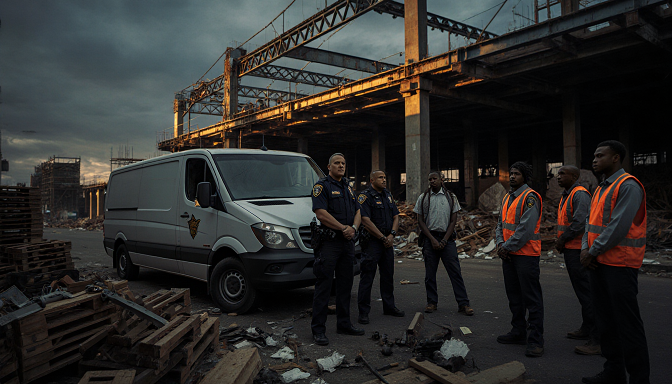 California Highway Patrol officers stand beside a van with handcuffed people in orange vests amid debris construction site.