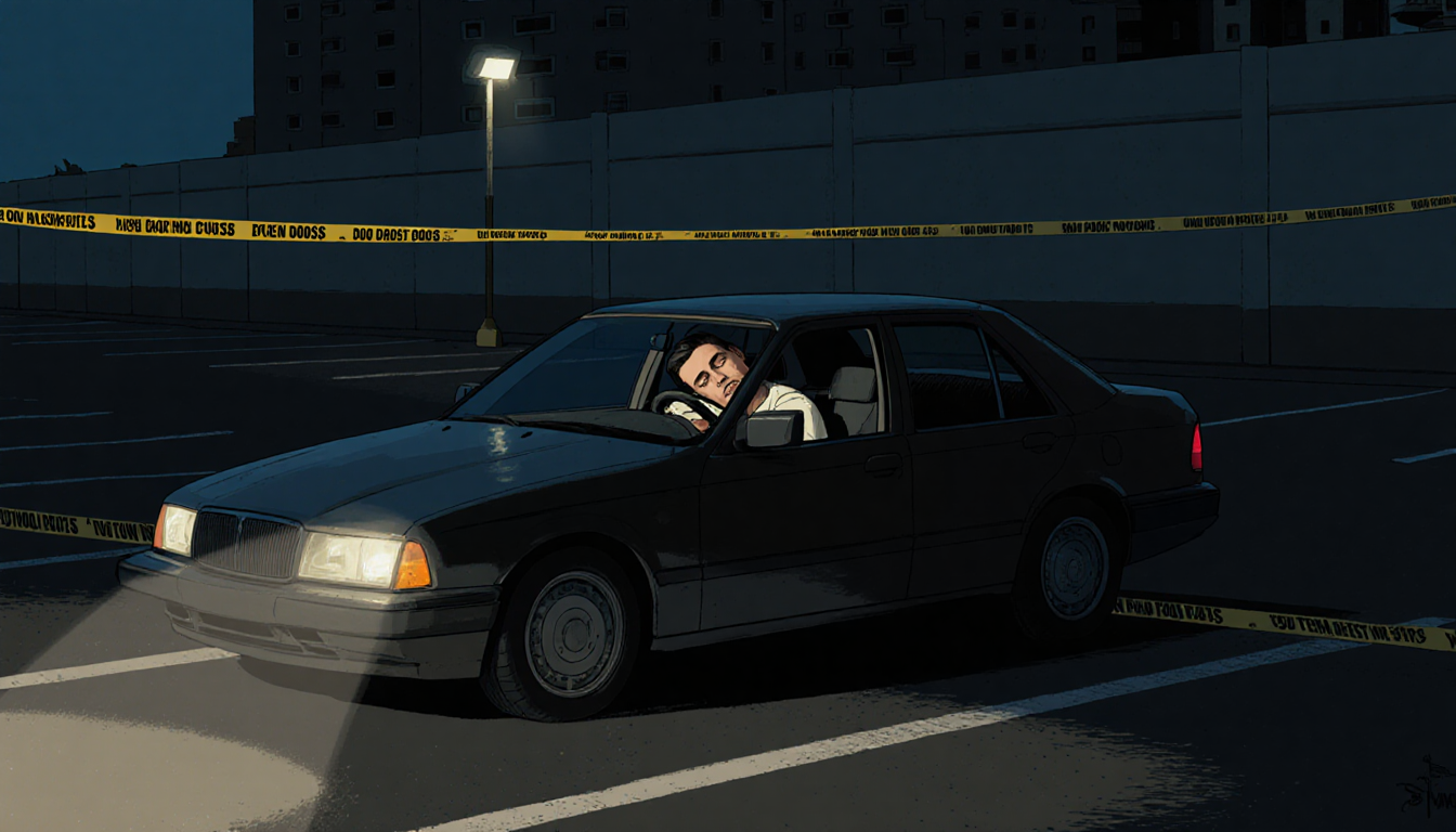 Body slumped over steering wheel with police tape and dim flashlight in parking lot