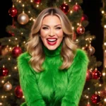 Celine Dion winks in a bright green Grinch suit with twinkling lights and a Christmas tree exuding holiday cheer.