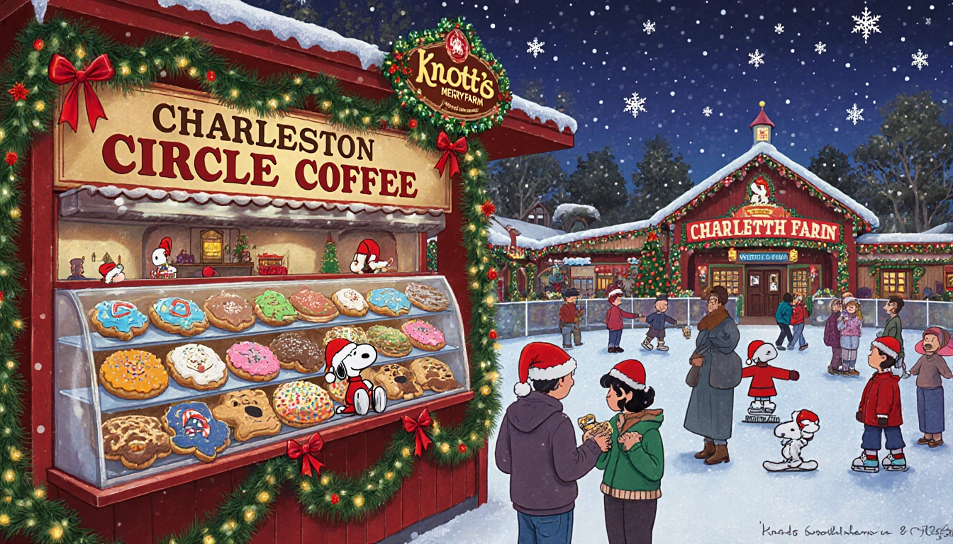 Customers enjoying cookies with Snoopy cookie and festive lights near the ice rink.