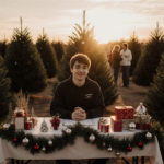 Young adult with autism arranging ornaments on a table in a calm Christmas tree lot at dusk with golden light