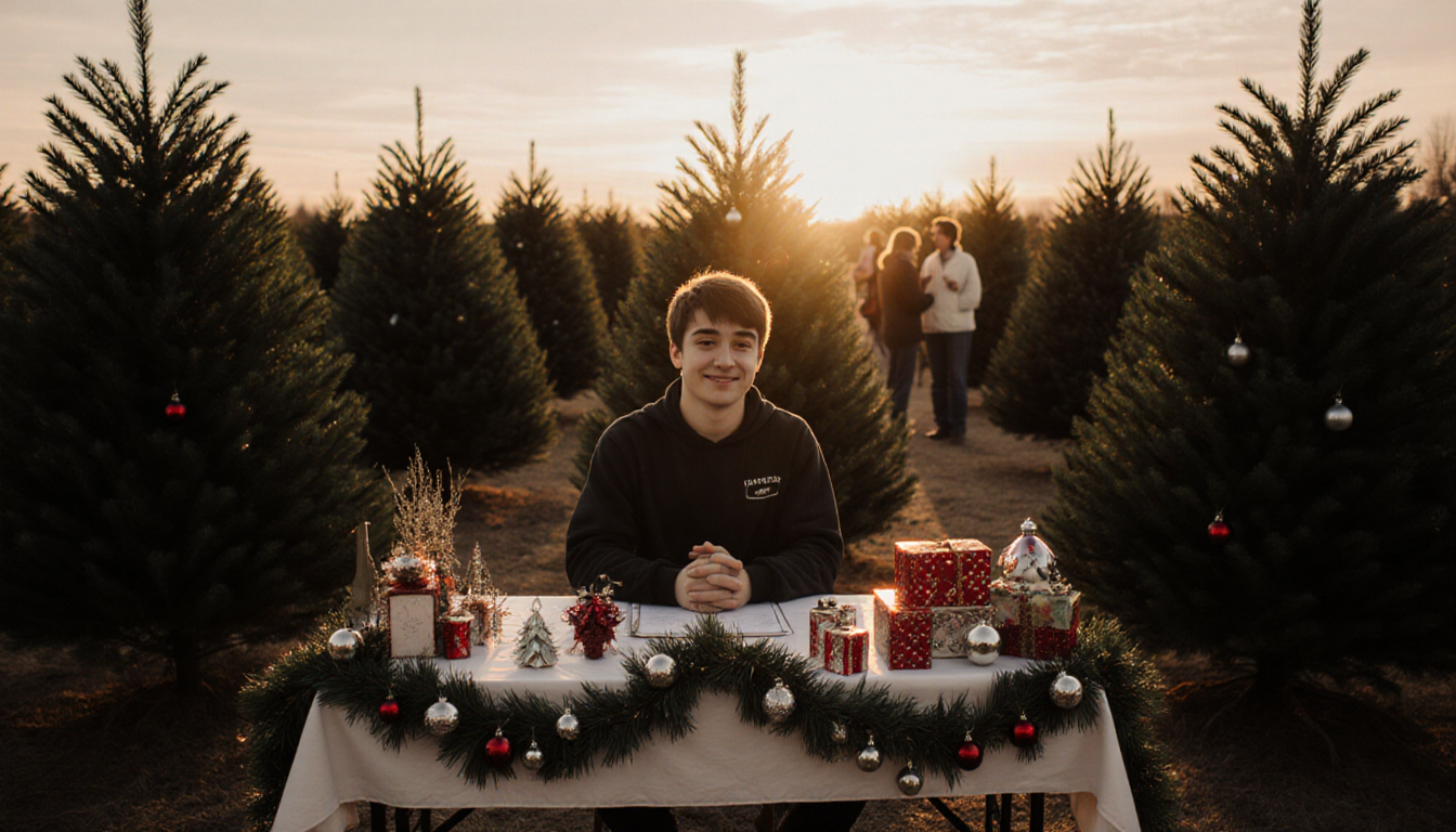 Young adult with autism arranging ornaments on a table in a calm Christmas tree lot at dusk with golden light