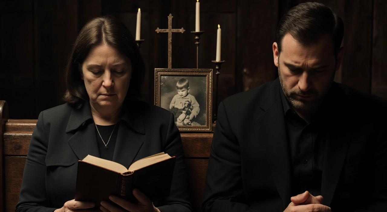 Shelley Martin holds a Bible with solemn expression and Darryl praying in a dim church pew
