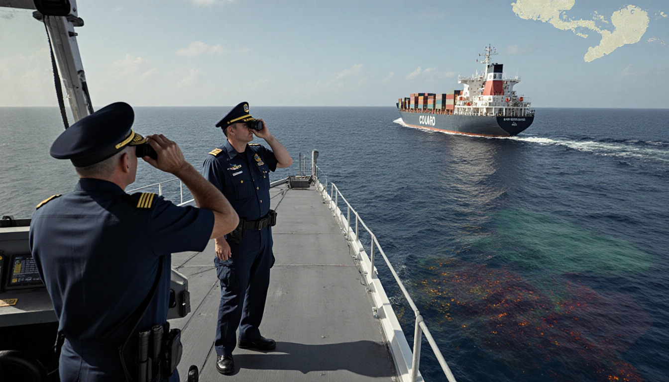 Coast Guard officer at helm watching through binoculars with tanker in pursuit and oil slick on Caribbean waters