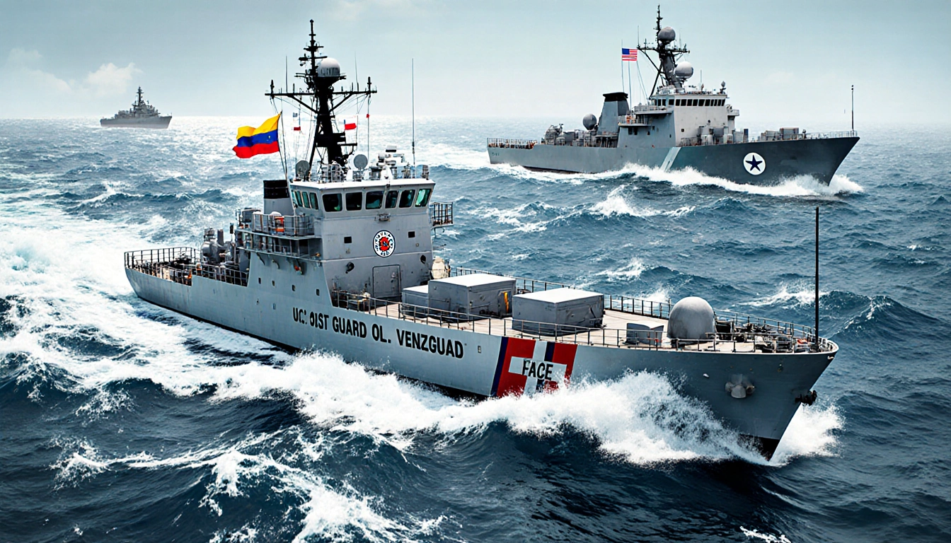 Coast Guard cutter pursuing Venezuelan tanker with false flag on stern and U.S. Navy ship aiding in choppy waters