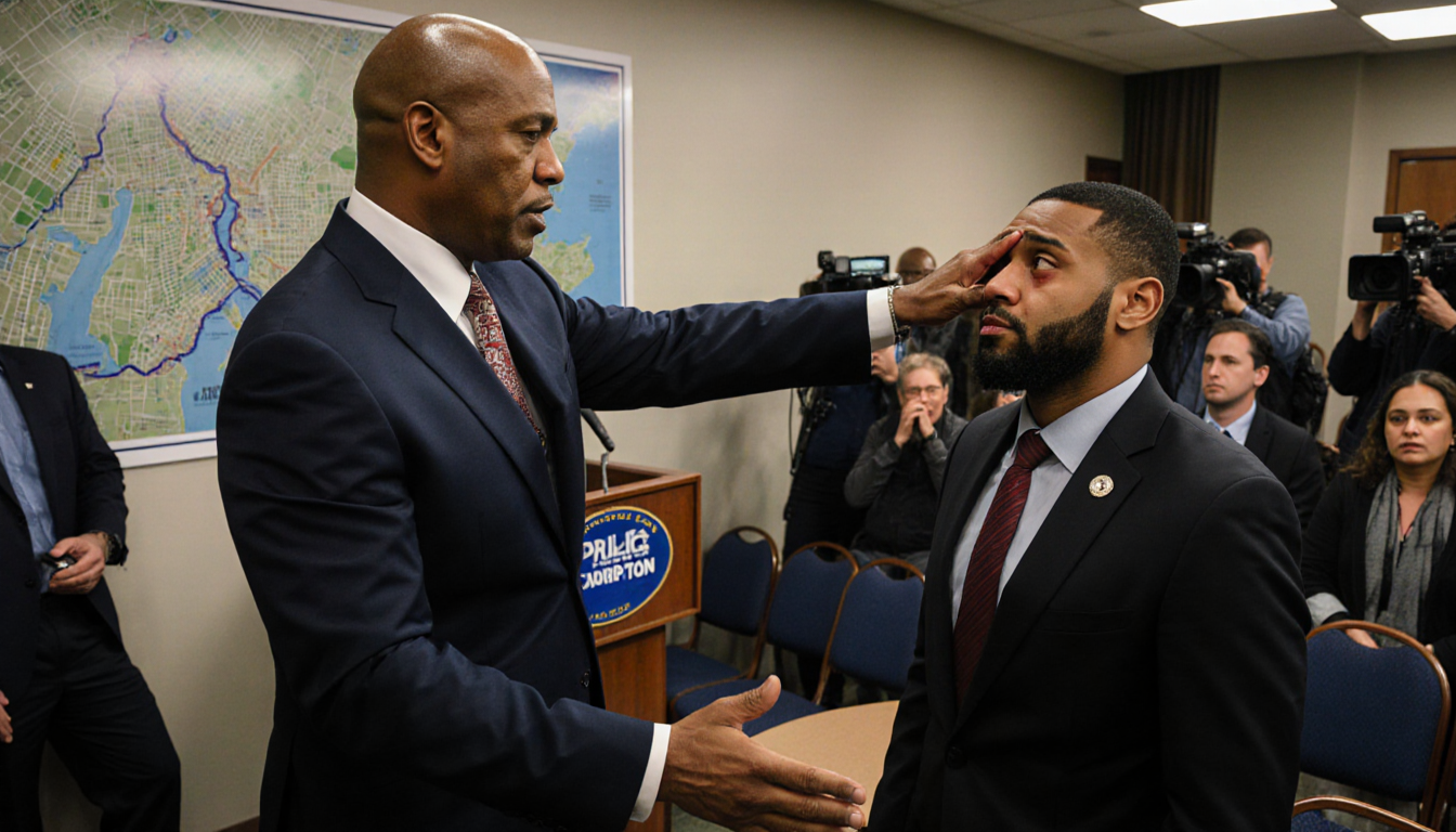 Bishop Guillory reaching to touch Najee Ali