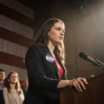 Young woman speaking at podium with pin and conservative crowd and American flag behind