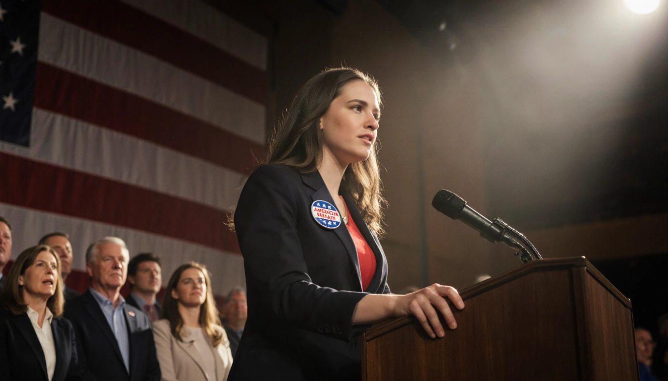 Young woman speaking at podium with pin and conservative crowd and American flag behind
