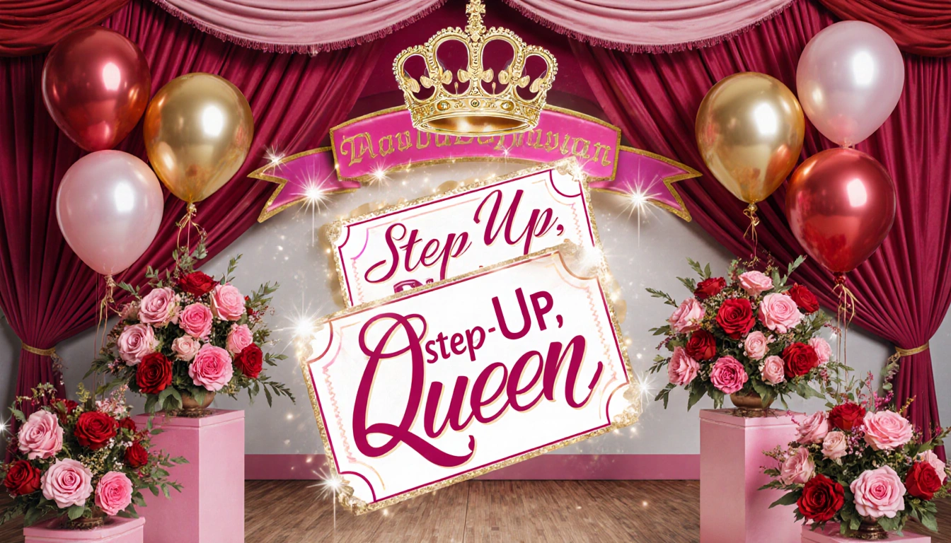 Colorful backdrop crowned with a glittering tiara and banner Step Up Queen surrounded by pink balloons and floral arches
