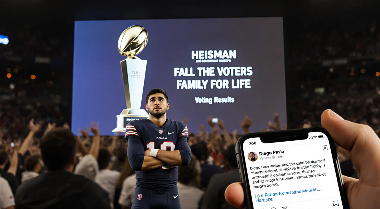 Diego Pavia with Heisman Trophy and text FALL THE VOTERS FAMILY FOR LIFE on a screen, holding an iPhone Instagram story