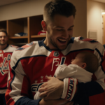 Dylan Strome holding his newborn daughter in a warm locker room with golden light and teammates watching in the background